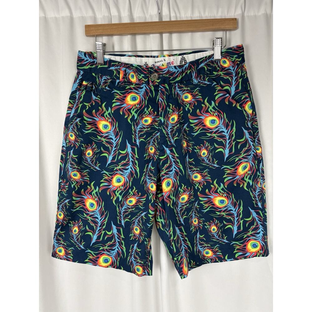 Royal and Awesome Mens Golf Shorts Bright Birdie Blue Rainbow Shorts Size 32
